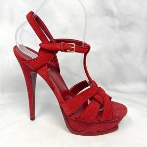 Yves Saint Laurent YSL Tribute Glitter Suede Strappy Platform Sandal Heels Red
